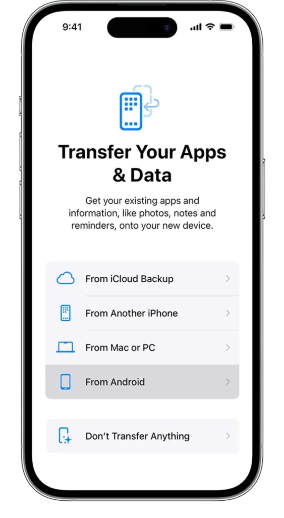 Switching Phones Without Losing Data: A Complete iPhone and Android Migration Guide Move to iOS app showing data transfer options