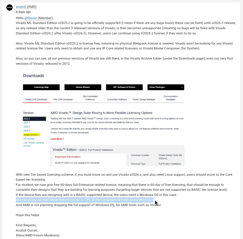 AMD Vivado Linux Paywall: Shocking $1,800 Bait-and-Switch this is a long screenshot of a forum reply by anatoli curran, a forum moderator for xilinix and amd, the highlighted par