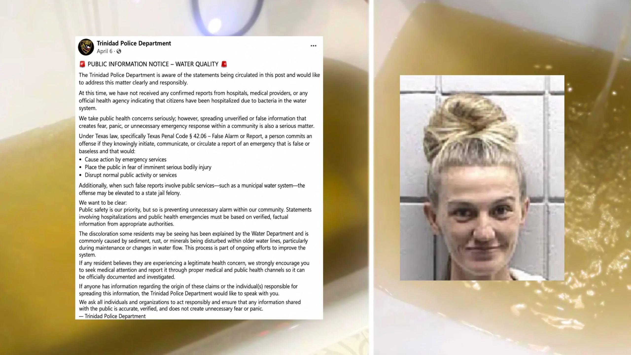 Shocking Facebook Arrest Over Texas Town's Brown Water Crisis Left: a police department water quality notice text; right: a mugshot of a woman with blond hair in a bun over a backgro