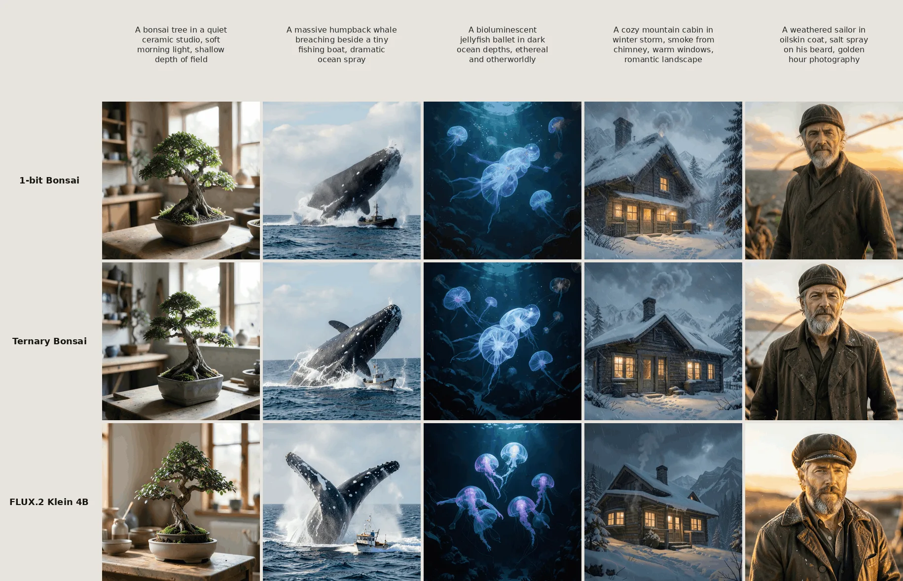 Local Image Generation on iPhone: Bonsai Image 4B Revealed Qualitative comparison across Bonsai Image and FLUX.2 Klein 4B models.