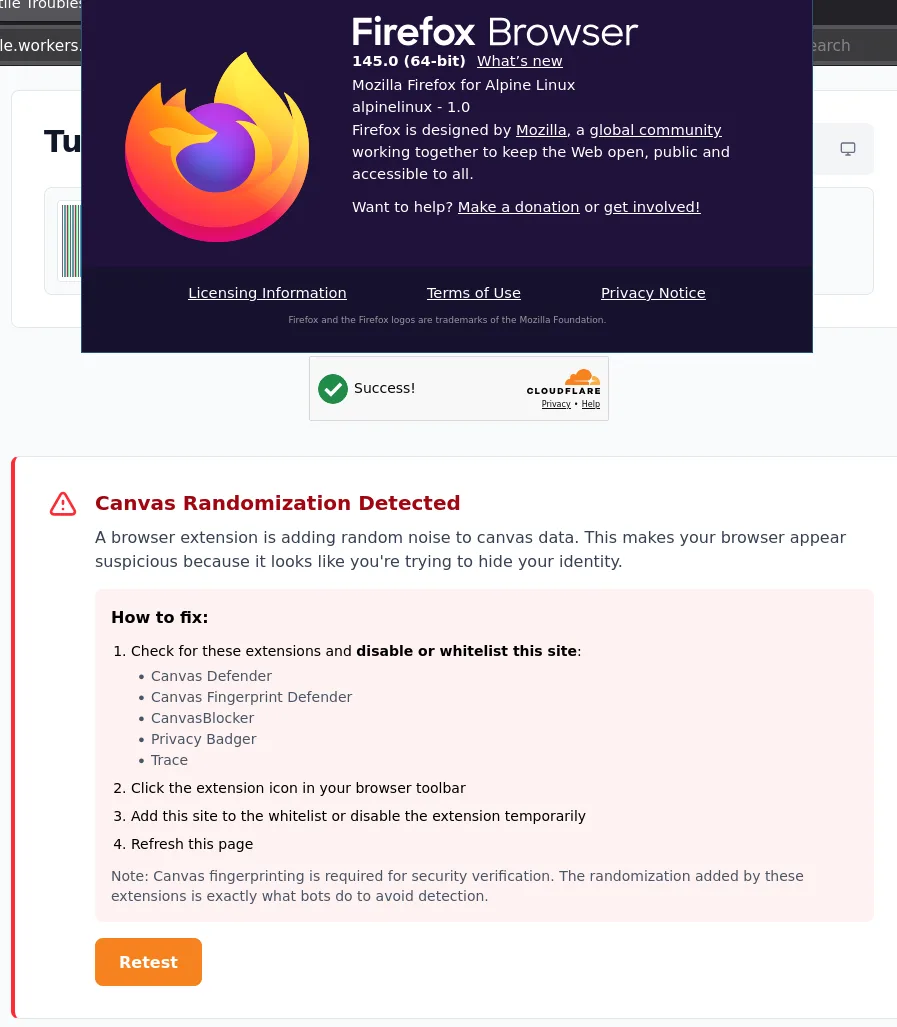 Cloudflare Turnstile's Shocking WebGL Fingerprinting Lock-Out Screenshot of Turnstile test page on Firefox 145.0 passing with just