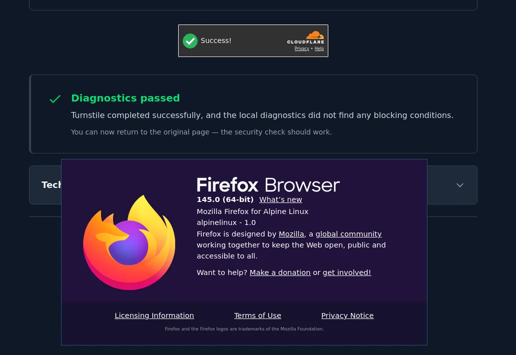 Cloudflare Turnstile's Shocking WebGL Fingerprinting Lock-Out Screenshot of Turnstile test page on Firefox 145.0 passing with no issues.