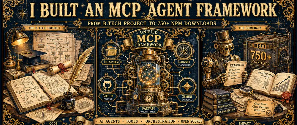 MCP Agent Framework Gets 750 Downloads After One Doc Rewrite Cover image for I Built an MCP Agent Framework for My B.Tech Major Project. It Got 750+ npm Downloads in Week One. Here&
