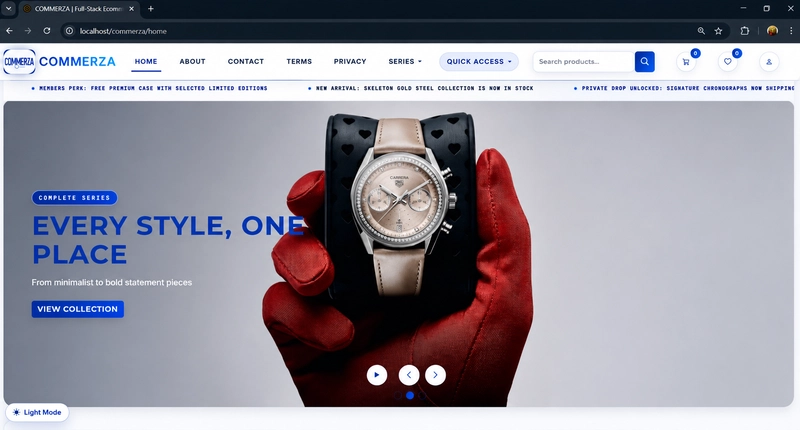 GitHub Copilot Helped a 19-Year-Old Build a Full E-Commerce Platform i Commerza storefront homepage displaying a minimalist, high-end hero slider for premium products with clean navigation li