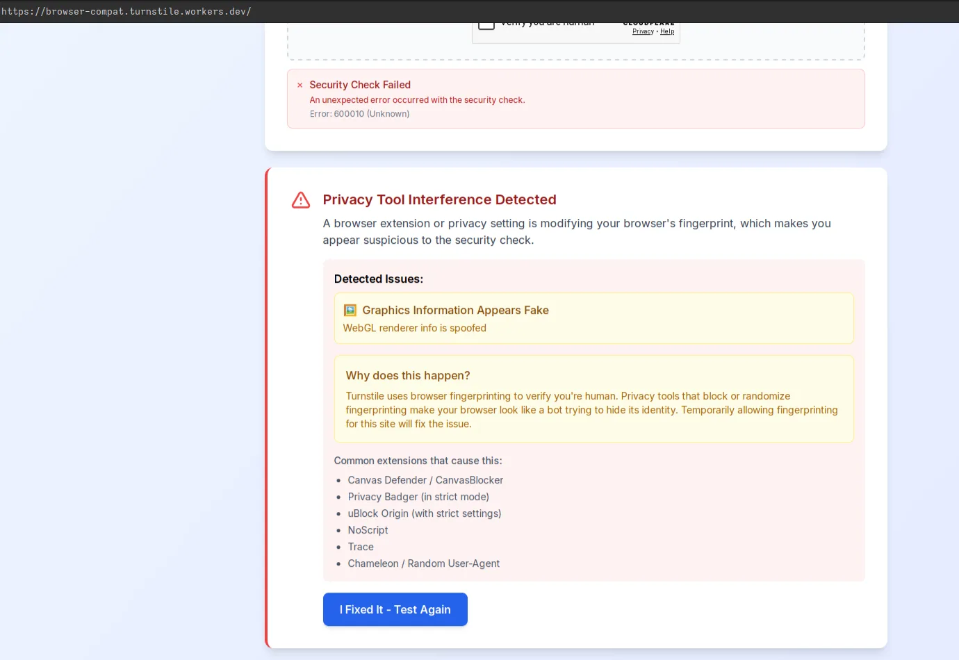 Cloudflare Turnstile's Shocking WebGL Fingerprinting Lock-Out Screenshot of Turnstile test page,