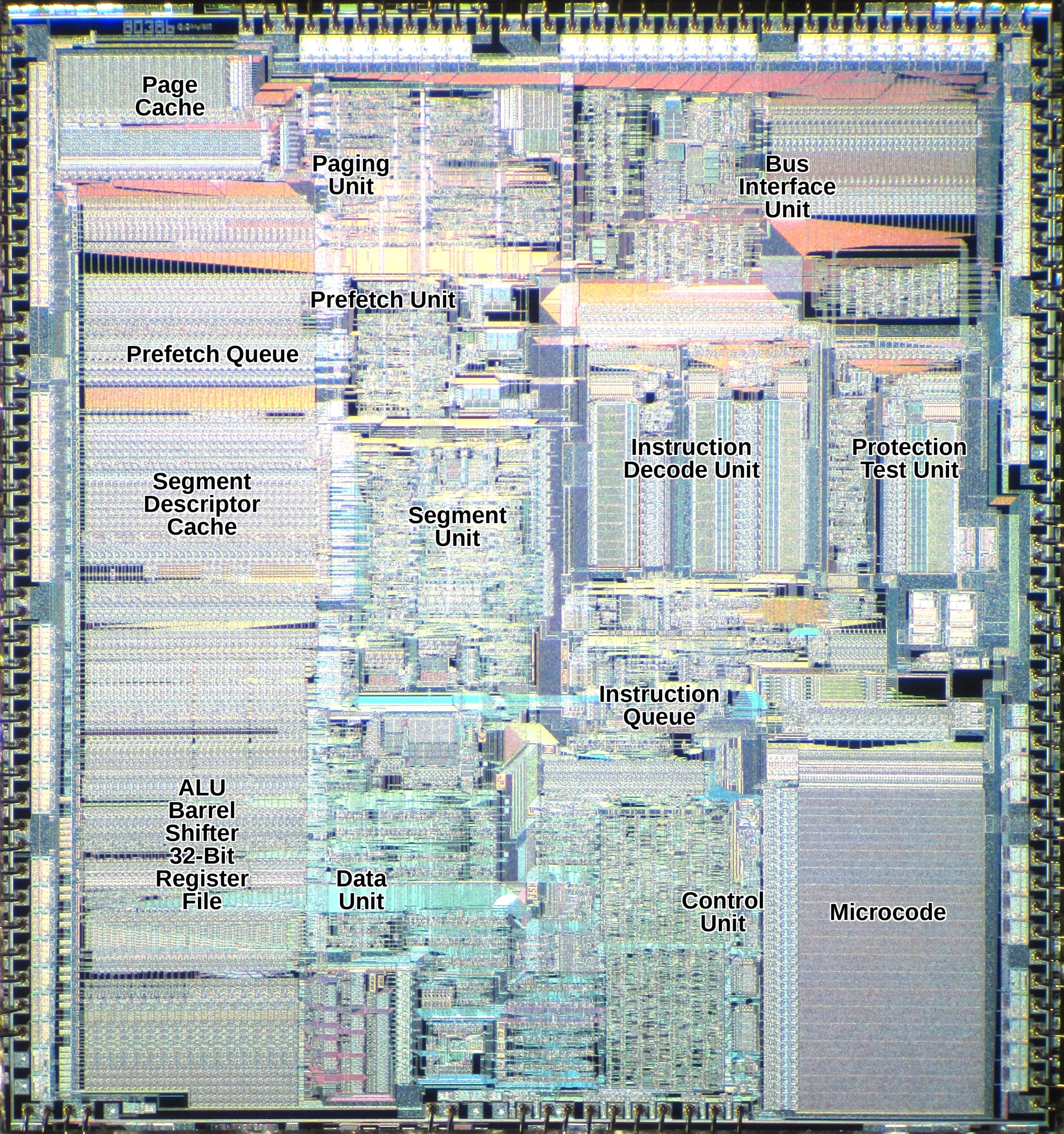 Open-Source 80386 CPU Boots Doom Using Recovered Intel Microcode Intel 80386 die shot labeled with the major functional units