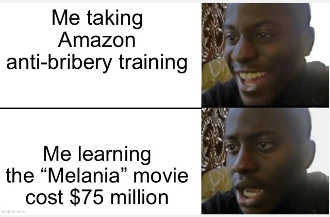 Shocking Truth: Why an AWS Insider Just Walked Away A meme showing a smiling man talking about completing anti-bribery training then a shocked man learning that the Amazon-