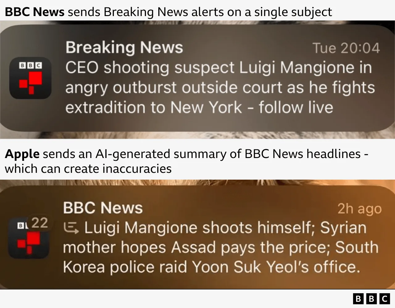 Shocking Truth: How Apple and Google Control Your Push Notifications A zoomed-in phone screenshot of the accurate BBC notification. It reads "CEO shooting suspect Luigi Mangione in ang