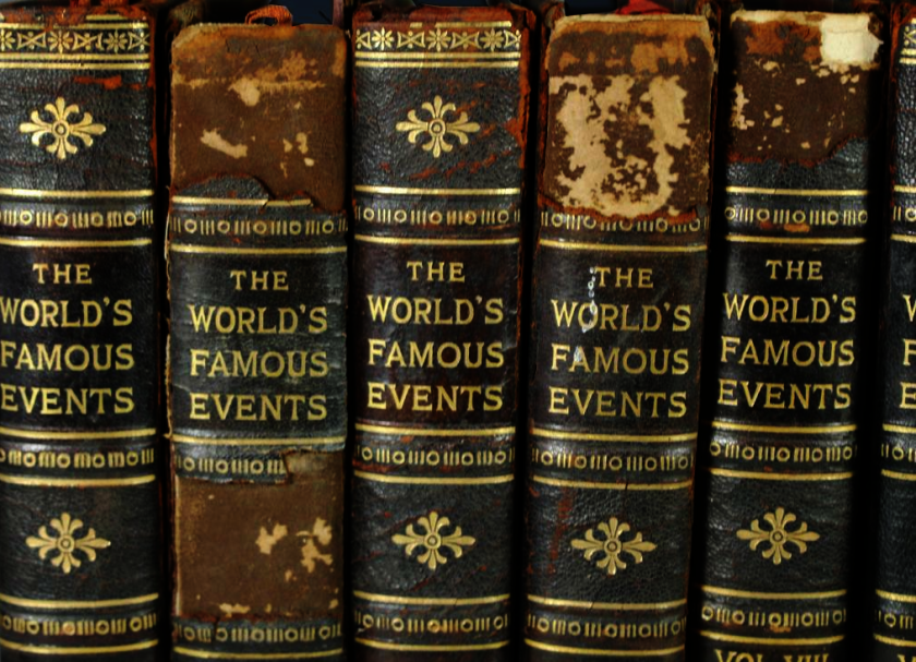 Zuckerberg's $111M War on Sarah Wynn-Williams, Explained Zuckerberg whistleblower lawsuit — A shelf of leatherbound history books with a gilt-stamped series title,