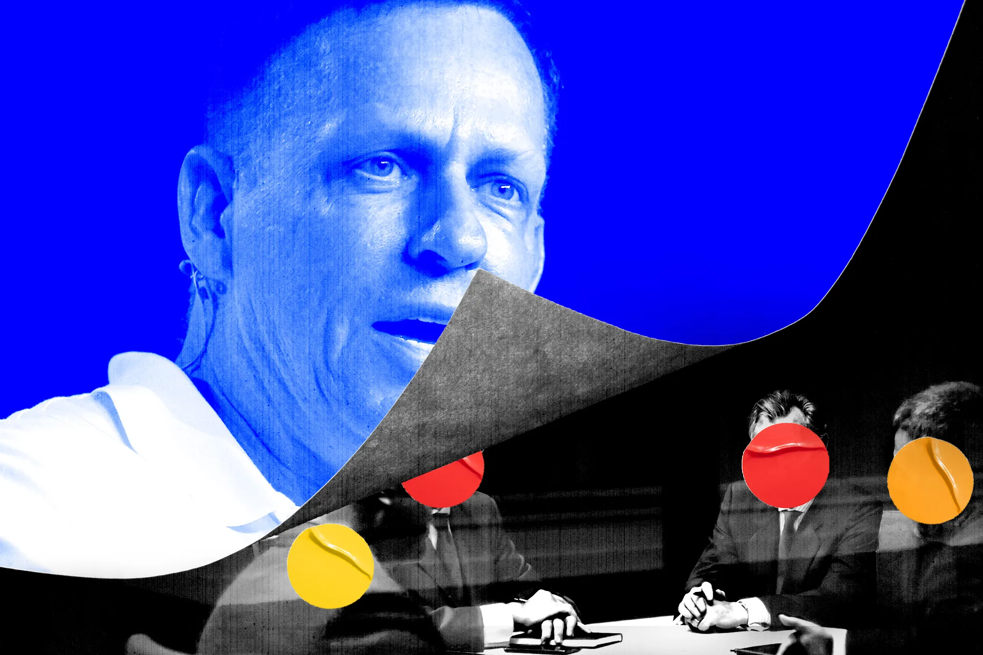 Peter Thiel's Dialog Club Secretly Grades Members by Wealth and Fame Dialog club — A page with Peter Thiel's face lifted up reveals a group of men sitting around a table with multi col
