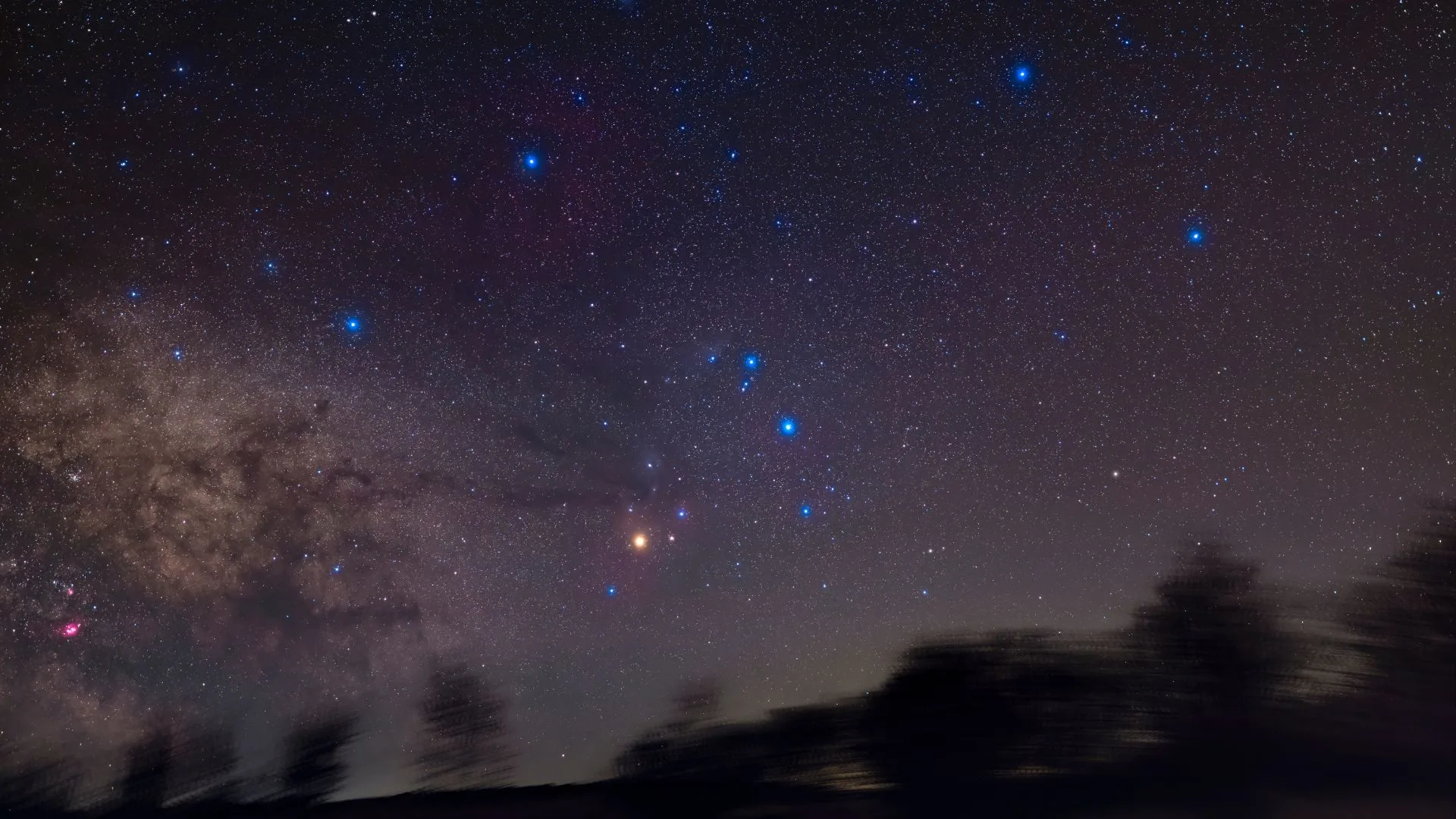 June 2026 New Moon: Best Night to See Mercury, Venus and Jupiter Bright blue stars are pictured above a blurred treeline in the night sky. The glow of the Milky Way is visible to the lo