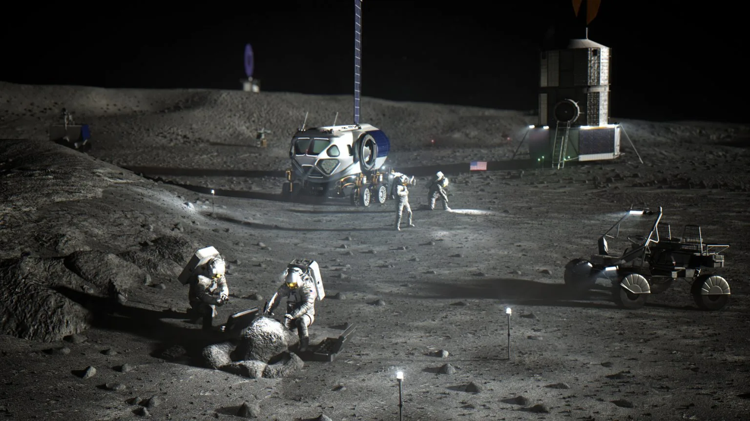 Lunar Building Code: The Critical Rules Moon Bases Need Now astronauts and rovers on the surface of the moon