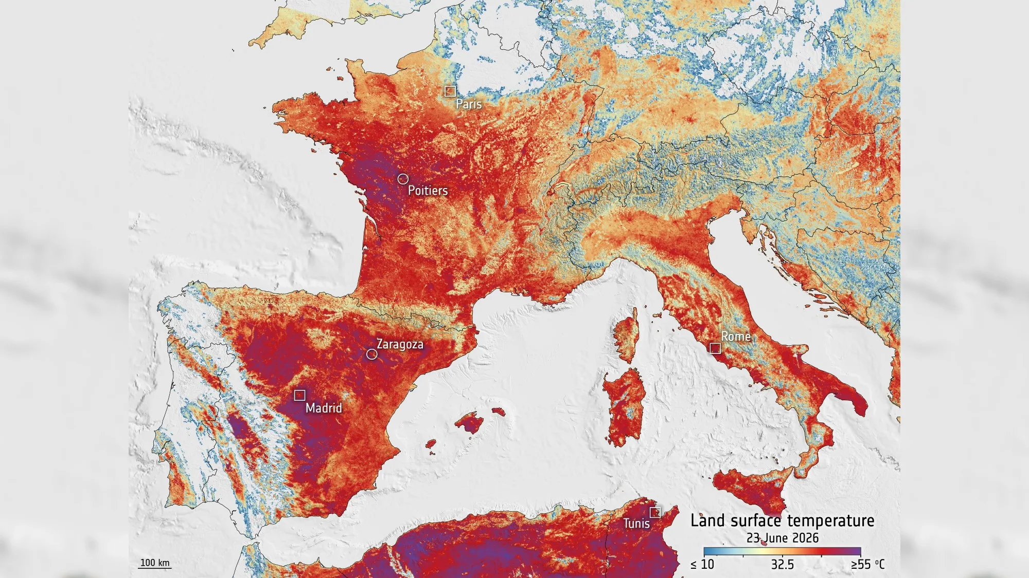 Europe's Deadly Heat Wave Captured by Sentinel-3 Satellite Europe heat wave — a colorized map of europe showing france and spain in bright red