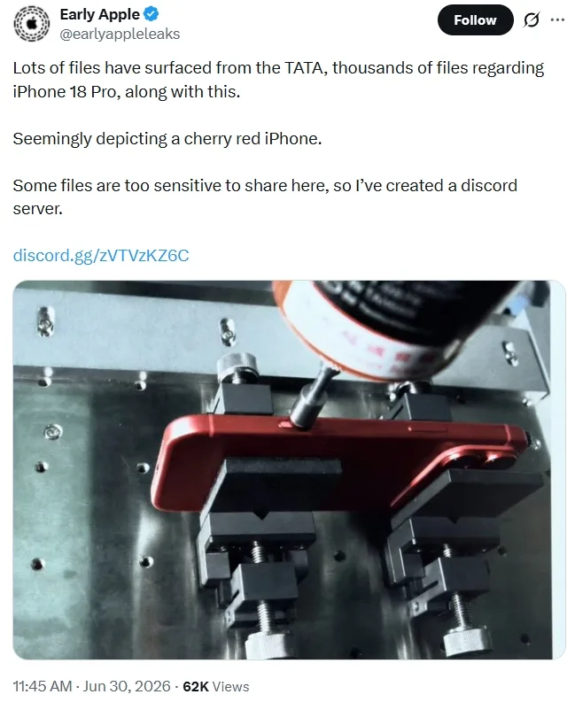 iPhone 18 Pro Leak: Cherry Red Color, Smaller Dynamic Island Revealed EarlyAppleLeaks showing Cherry Red iPhone 18 Pro