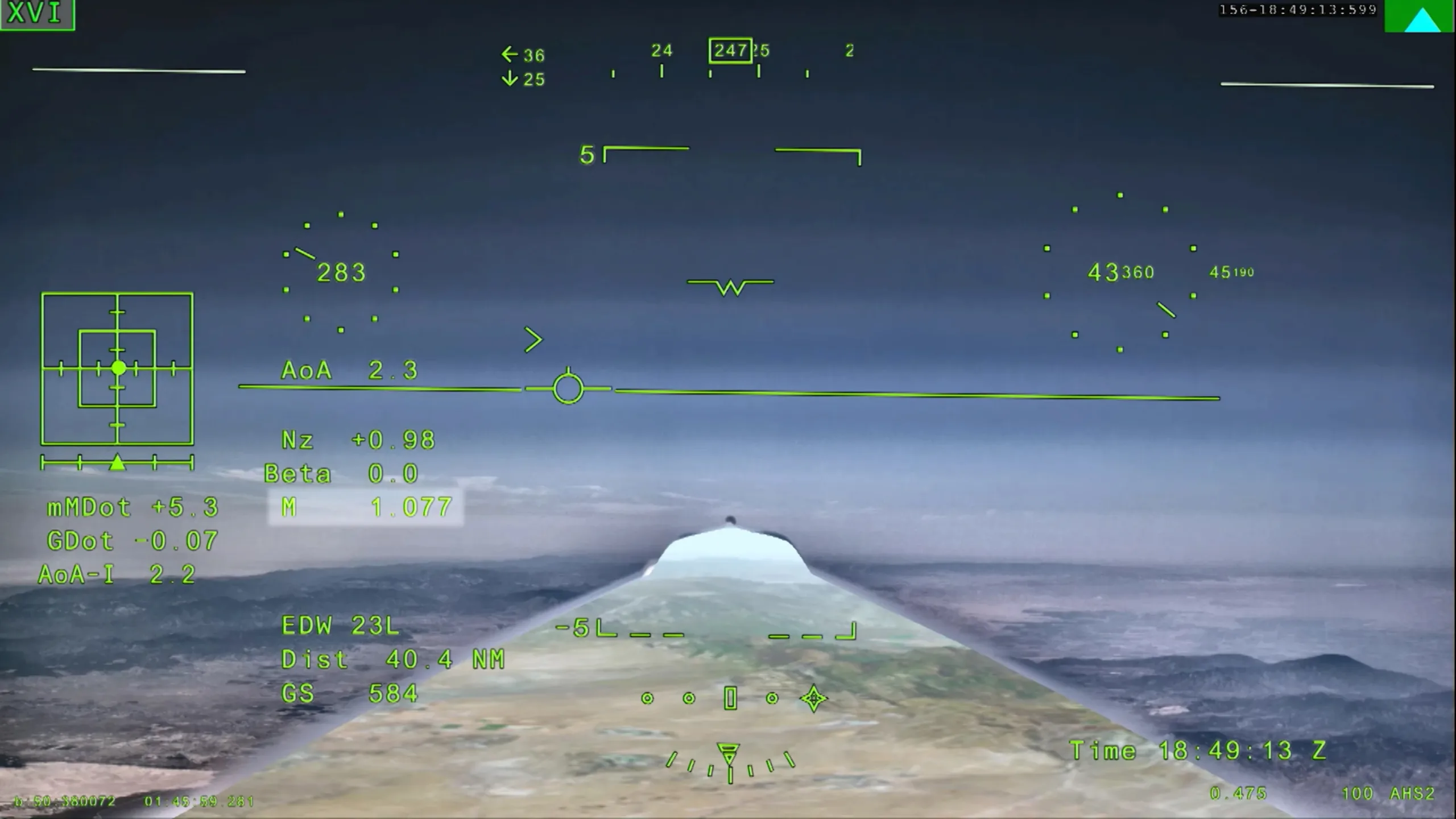 NASA's X-59 Hits Mach 1.1 in First Supersonic Flight display in a jet's cockpit, showing speed and altitude and other numbers in green against a simulated view out