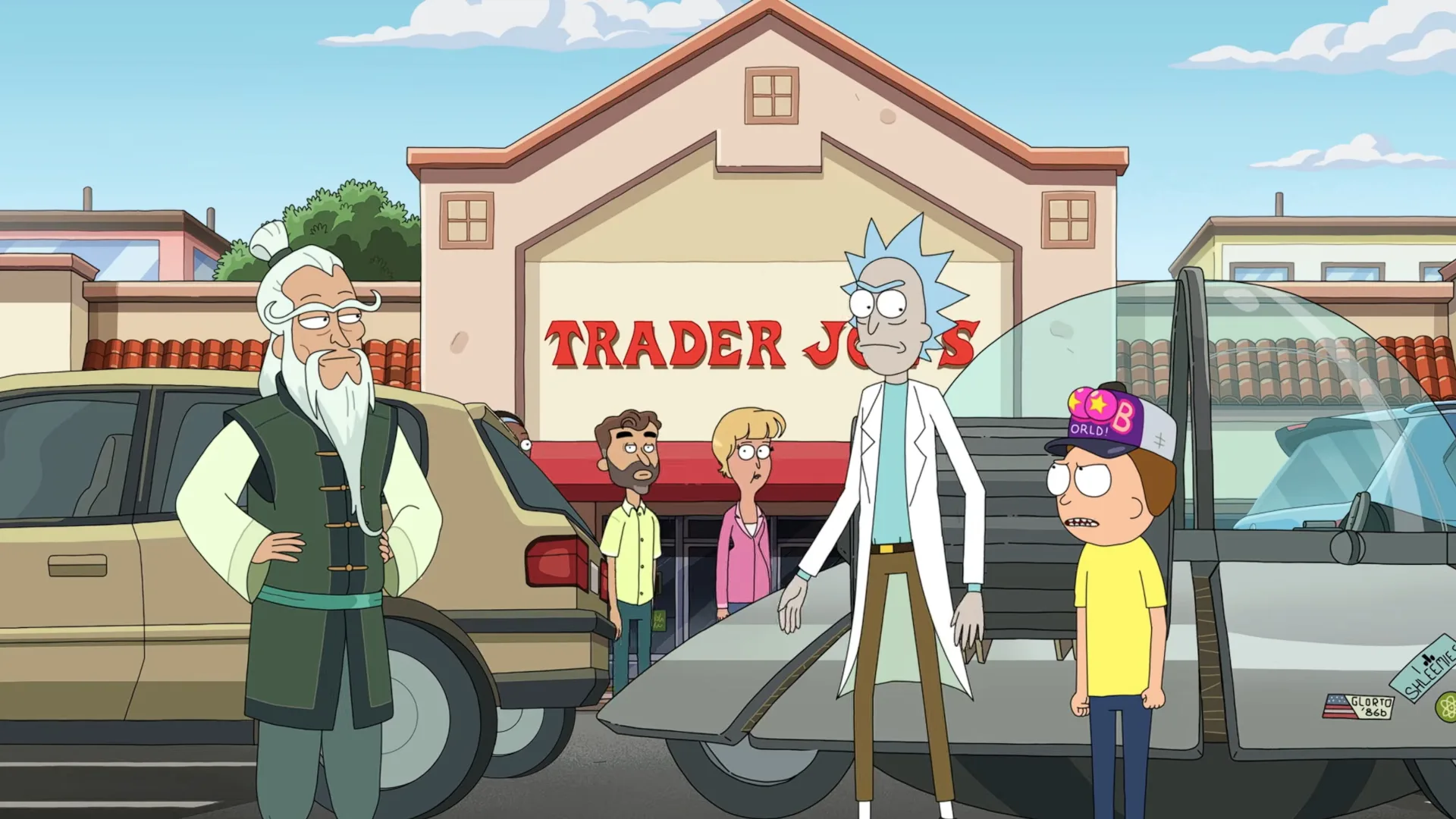 Rick and Morty Season 9: The Best Season in Years, Explained An old man and a boy outside their spaceship talking to a kung-fu master in a Trader Joe's carpark.