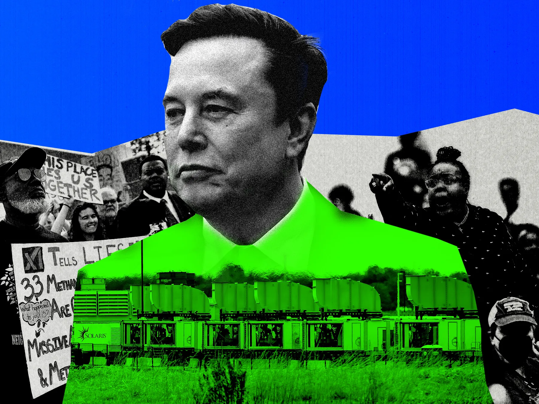 xAI Data Center Pollution: The Communities Paying the Real Price for S xAI data center pollution — Photo collage with images of people protesting behind a figure of Elon Musk containing gas t
