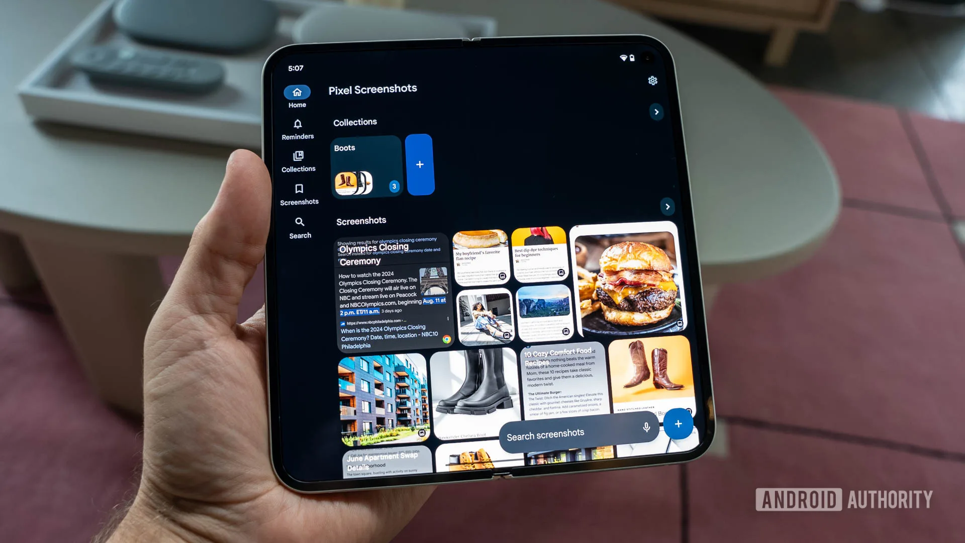 Pixel Screenshots Adds Cloud AI: New Features, But Less Private? Pixel Screenshots app open on a Google Pixel 9 Pro Fold's inner display