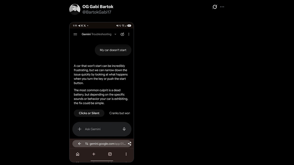 Gemini Troubleshooting Mode Accidentally Revealed — Here's What It Doe gemini troubleshooting car help x post image