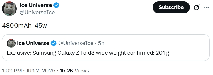 Galaxy Z Fold 8 Specs Revealed: Lighter Than Most Phones Ice Universe on X Galaxy Fold 8 battery and charging