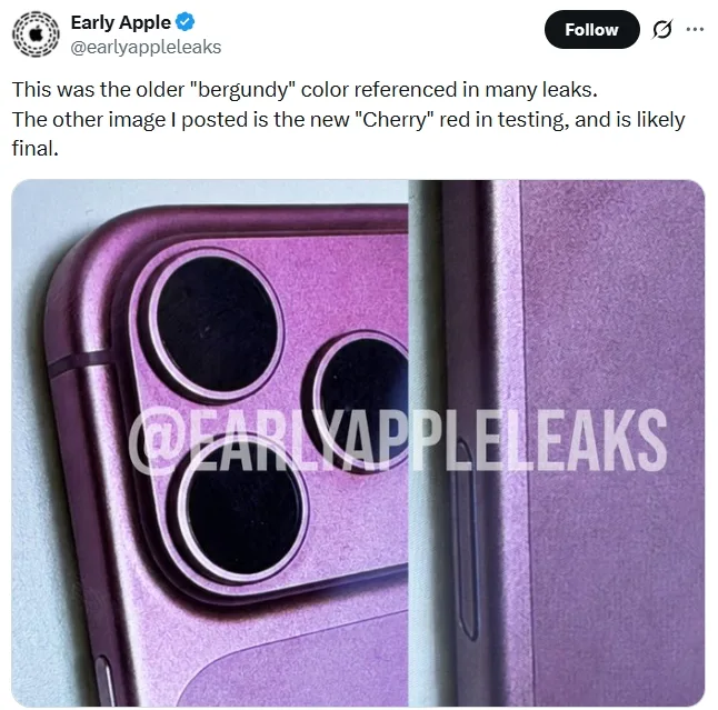 iPhone 18 Pro Leak: Cherry Red Color, Smaller Dynamic Island Revealed iPhone 18 Pro leak — EarlyAppleLeaks showing Bergundy iPhone 18 Pro
