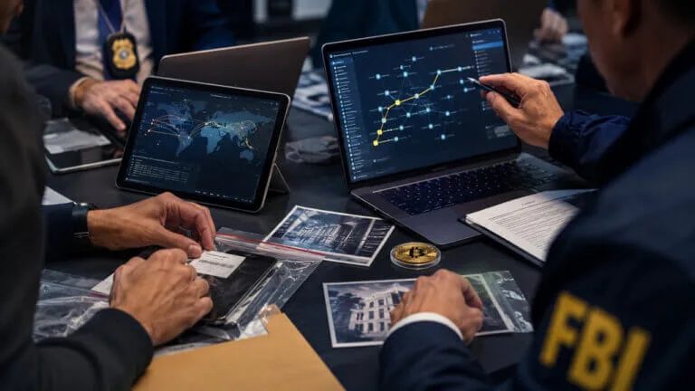 CryptoBandits Malware Uses USB Drives to Steal Crypto Wallets FBI agents analyzing blockchain transaction networks and digital evidence around a Bitcoin case file, reflecting efforts