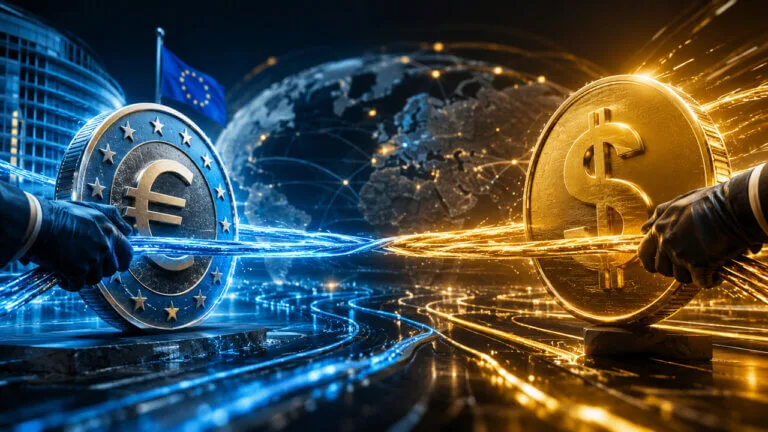 MiCA Deadline: Millions of EU Crypto Users Face Major Platform Cutoffs Euro and US dollar stablecoin symbols competing across a global blockchain network as European banks push for euro-denom