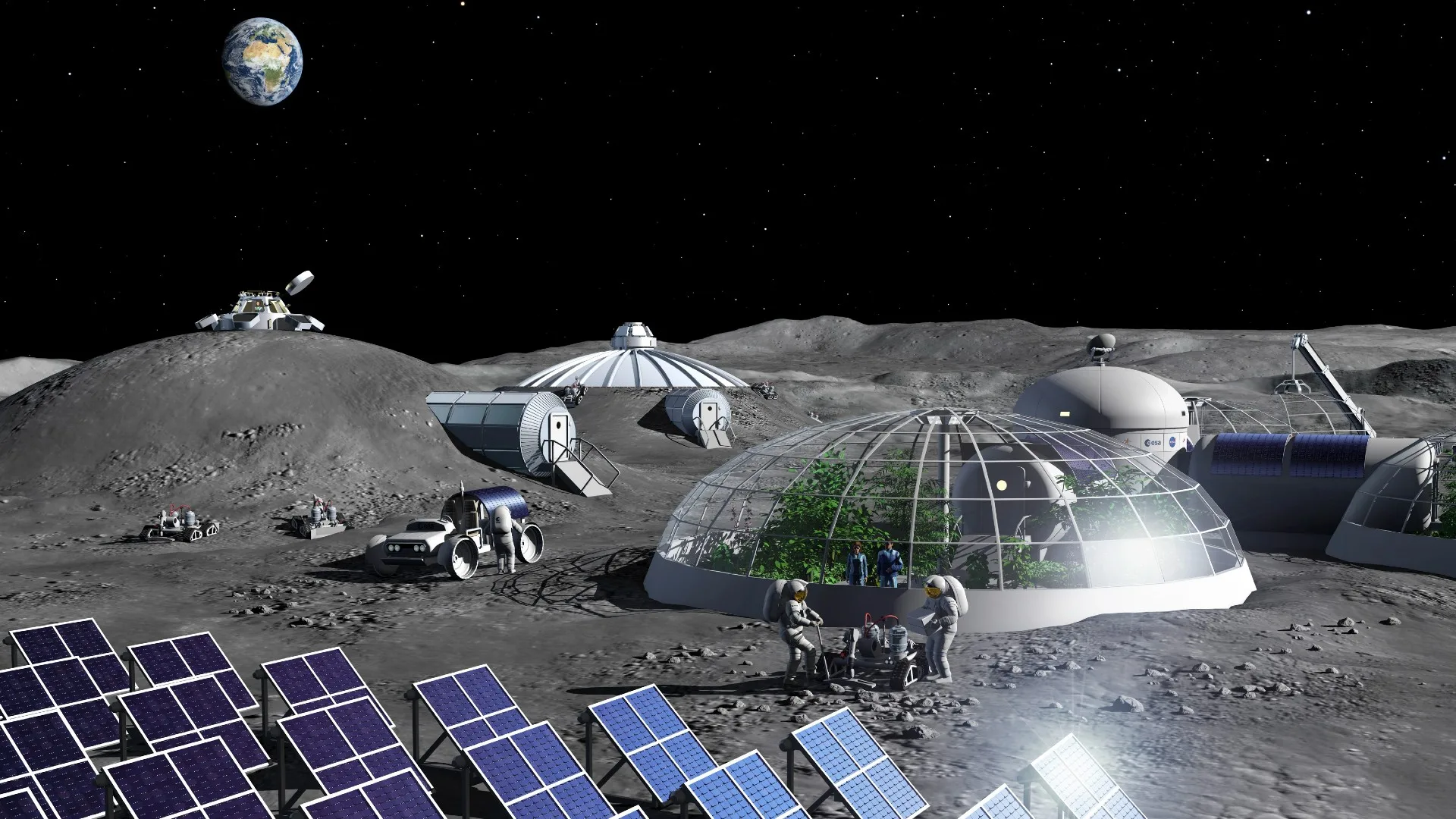 Lunar Building Code: The Critical Rules Moon Bases Need Now astronauts in bulky space suits walk on a dusty grey surface among glass-domed habitats under a black starless sky