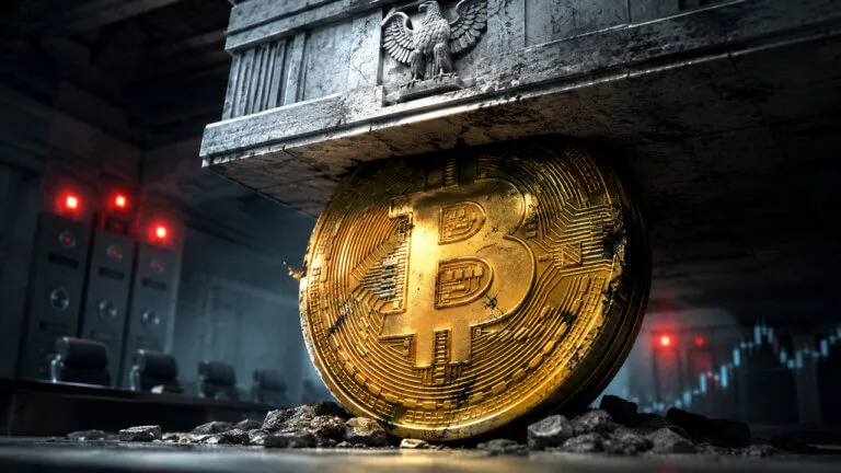 Crypto Capital Rules: Why Banks Still Can't Profit from Bitcoin crypto capital rules 2026 — Bitcoin coin being crushed beneath a concrete slab to illustrate Bitcoin price pressure from