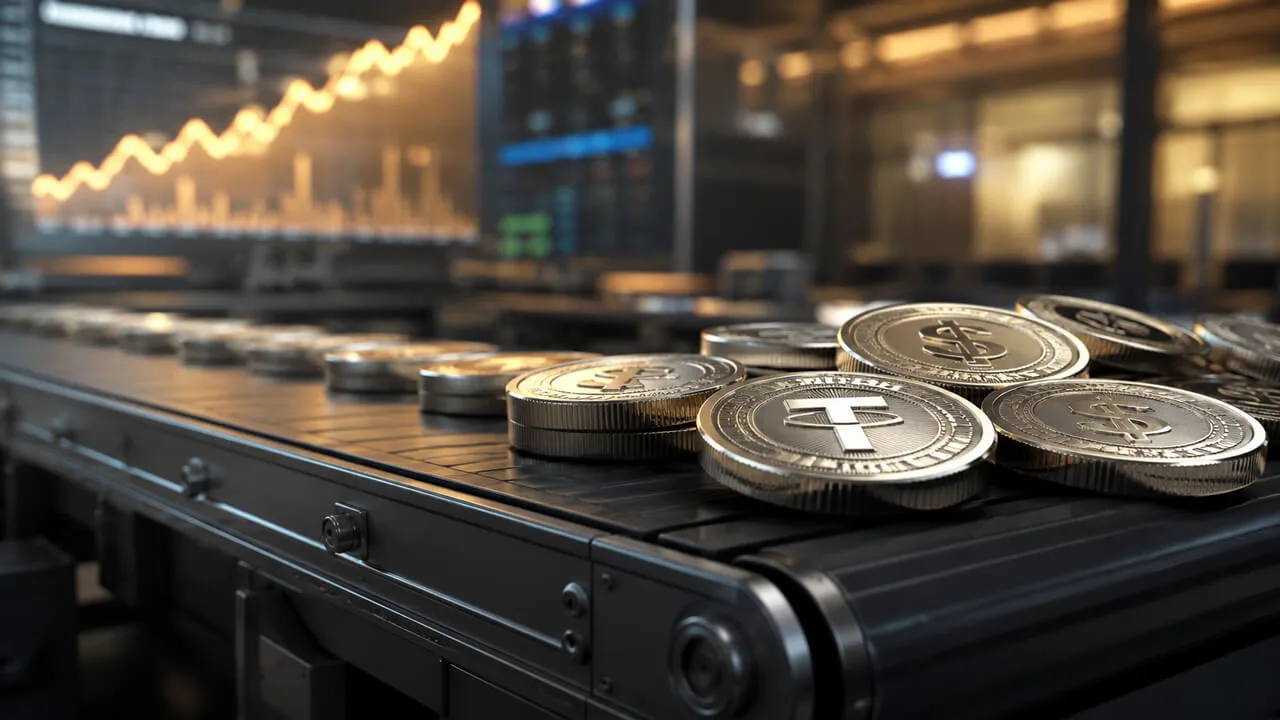 Stablecoin Demand Cools — But Visa and Stripe Are Building Anyway stablecoin demand — Digital coins moving along an industrial production line representing stablecoin liquidity infrastru