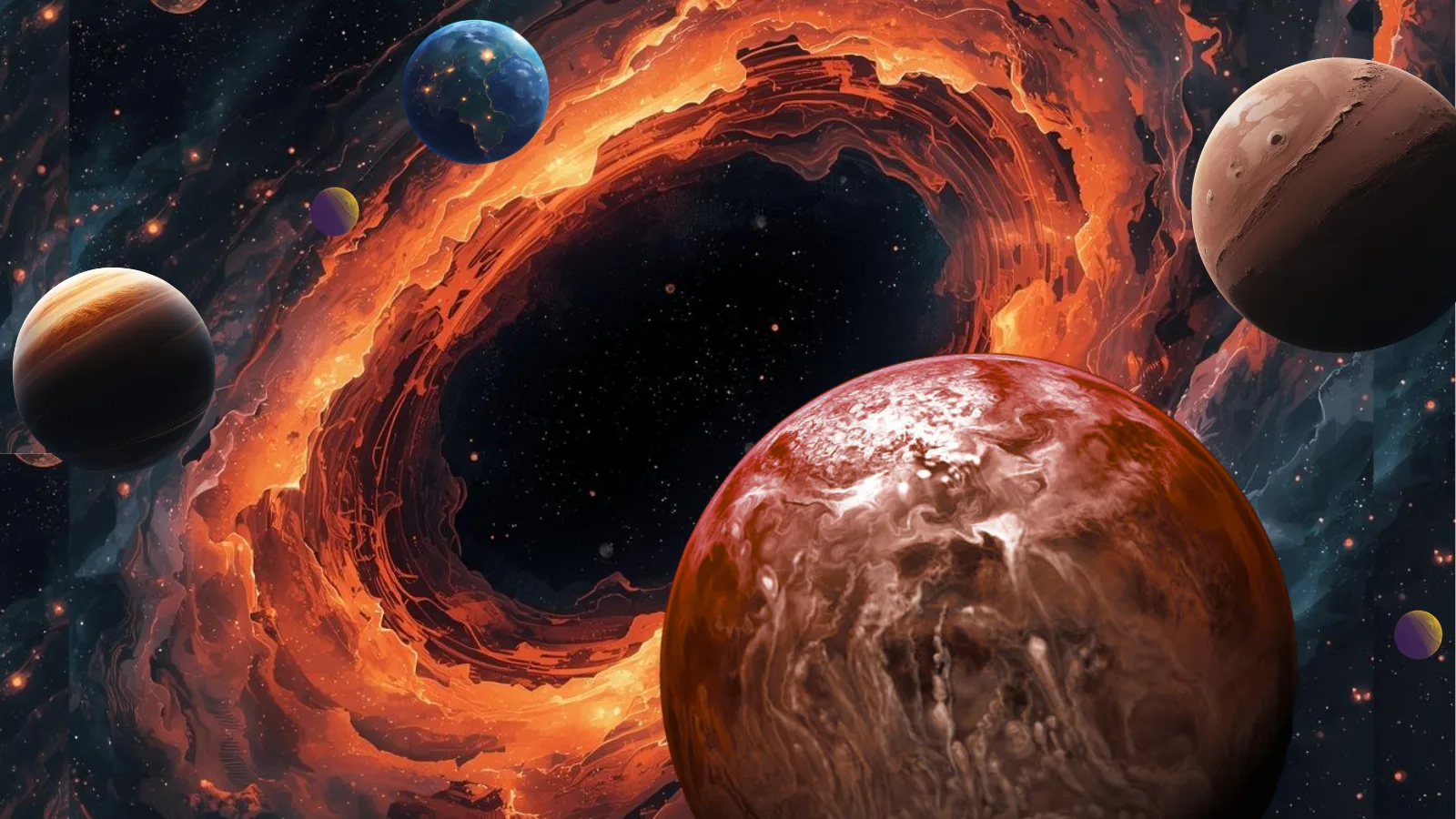 Planets Around Black Holes: Millions May Form Near AGN Disks An illustration of a black hole with planets in front of it.