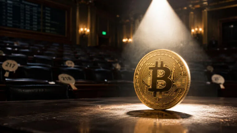 Bitcoin Long Liquidations Top $427M After Sticky Inflation Kills $60K Bitcoin standing alone under a spotlight in an empty trading hall, representing reduced market interest and uncertain in