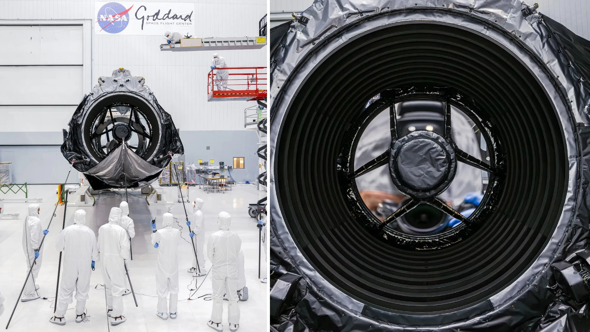 NASA Roman Space Telescope Passes Final Mirror Check Before Launch technicians in clean suits in a hangar next to a large rectangular spacecraft wrapped in metallic foil