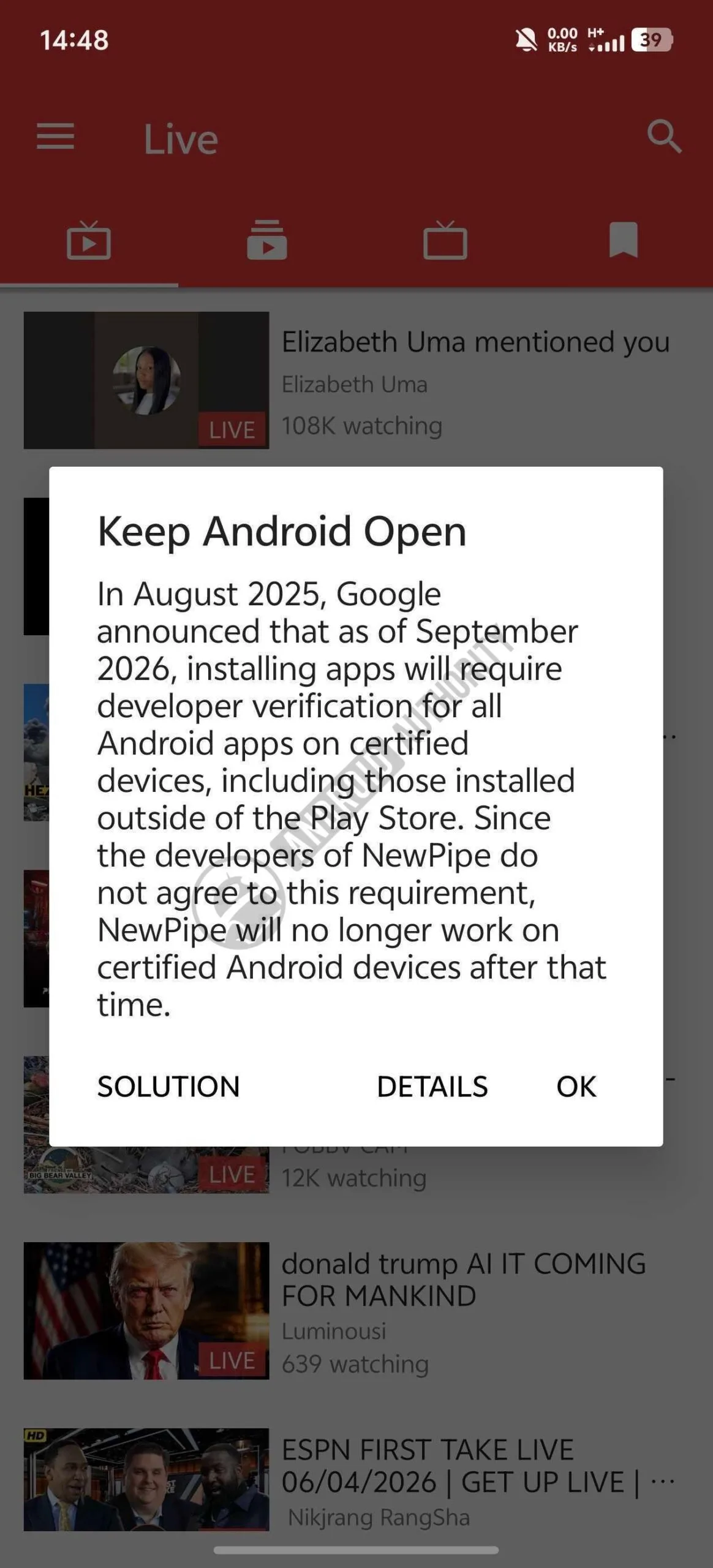 Android Sideloading Crackdown: NewPipe Is Fighting Back newPipe sideloading warning watermarked