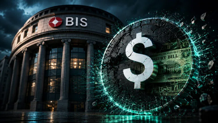 UK Sterling Stablecoin Rules: Major Changes, One Key Limit Remains Illustration of a dollar stablecoin token over a Bank for International Settlements building, representing stablecoins a
