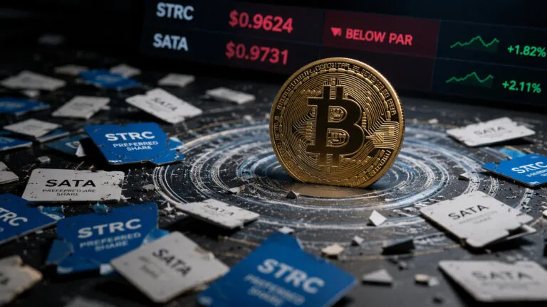 Texas AI Data Centers Face Major Grid Cost Shift Under Abbott Bitcoin coin surrounded by STRC and SATA preferred shares trading below par, illustrating margin call pressure and stres