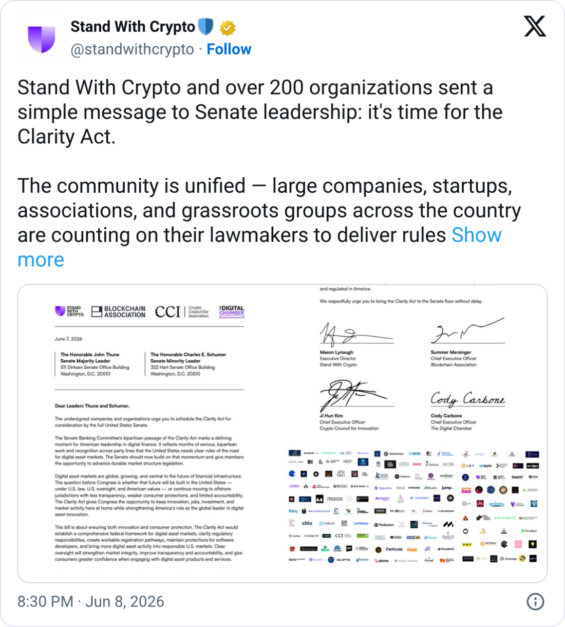 200+ Crypto Firms Demand Senate Pass the CLARITY Act Now CLARITY Act