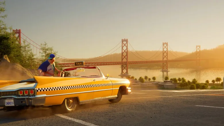 Taxi World Tour Is Coming to Consoles in 2027 Crazy Taxi World Tour — A yellow taxi is in the foreground, with the Golden Gate Bridge in the distance.