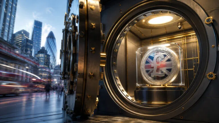 Stablecoin Demand Cools — But Visa and Stripe Are Building Anyway Bank vault door opening to reveal a glowing sterling stablecoin with digital payment symbols.