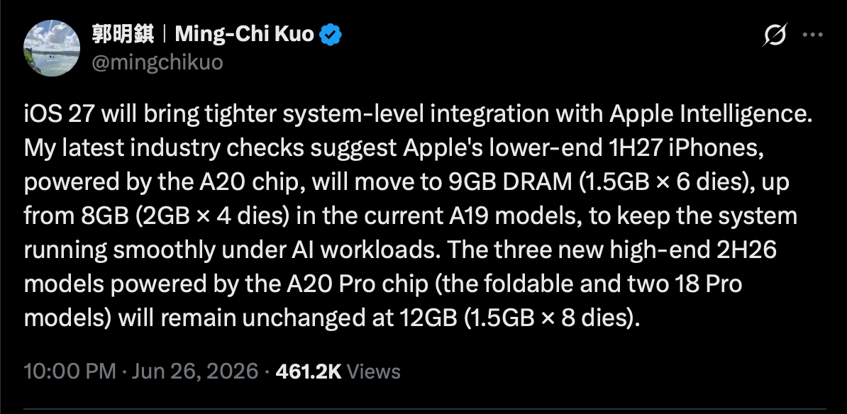 iPhone 18 RAM Upgrade to 9GB: A New AI-Driven Trend iPhone 18 RAM upgrade — Ming Chi Kuo on 9GB RAM on iPhone 18