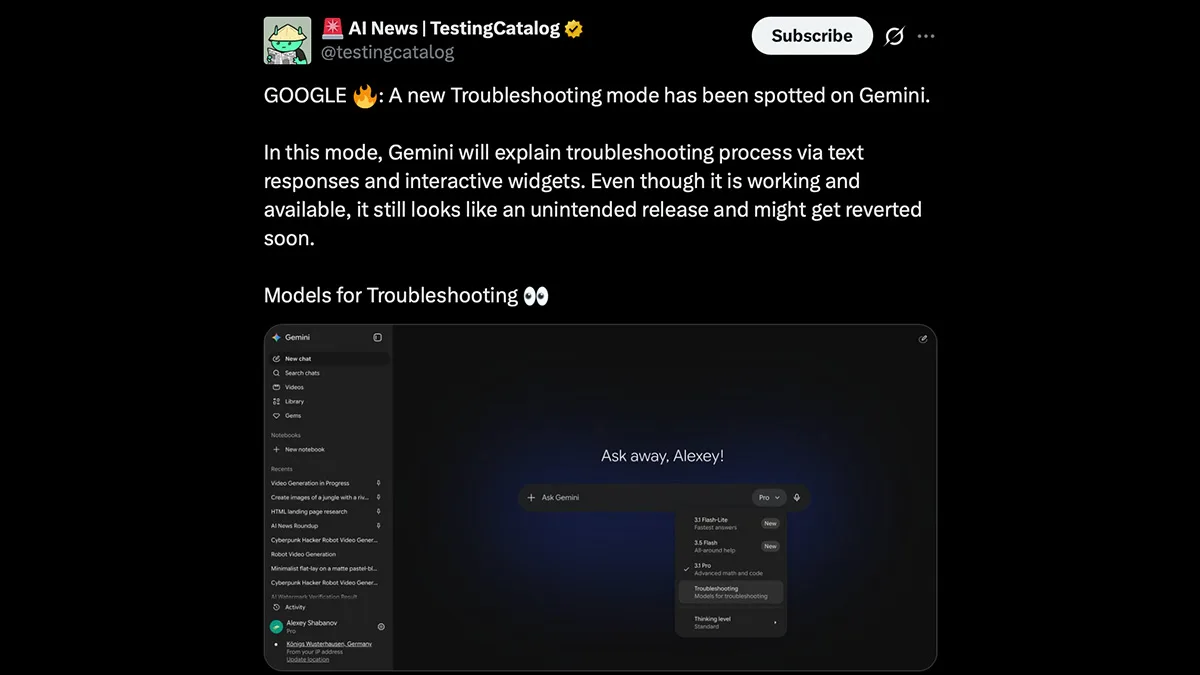 Gemini Troubleshooting Mode Accidentally Revealed — Here's What It Doe gemini troubleshooting mode x post image
