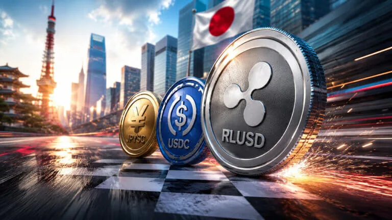UK Sterling Stablecoin Rules: Major Changes, One Key Limit Remains Illustration of RLUSD and USDC stablecoins racing toward adoption in Japan.