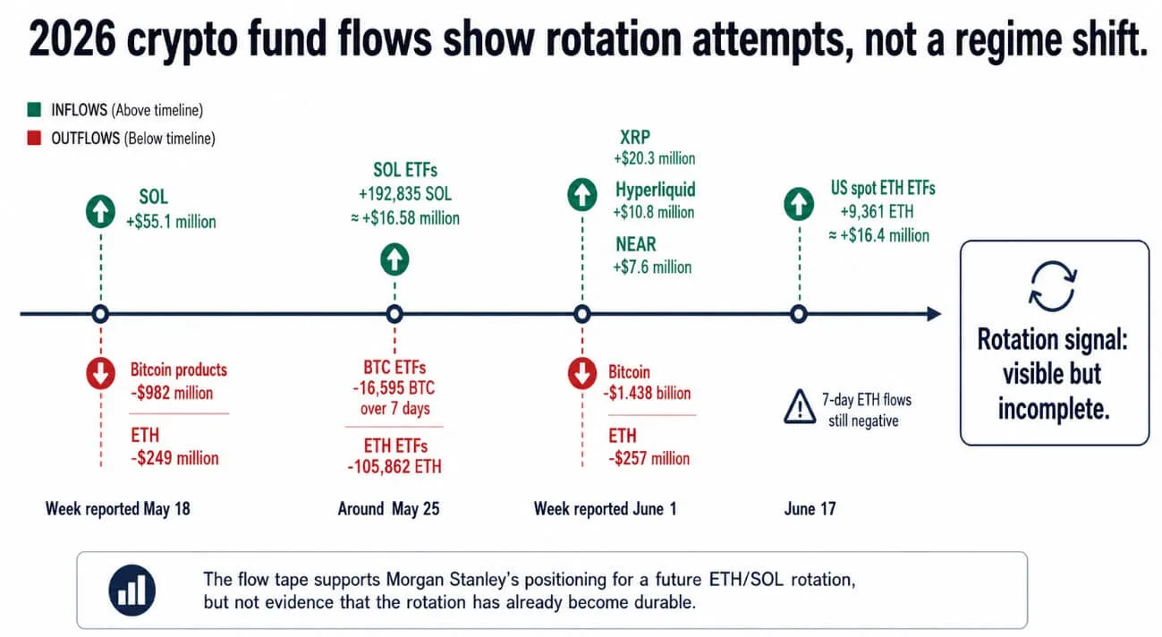 Morgan Stanley ETH and SOL ETFs Target 0.14% Fee to Lead the Pack 2026 crypto fund flows show rotation attempt, not a regime shift