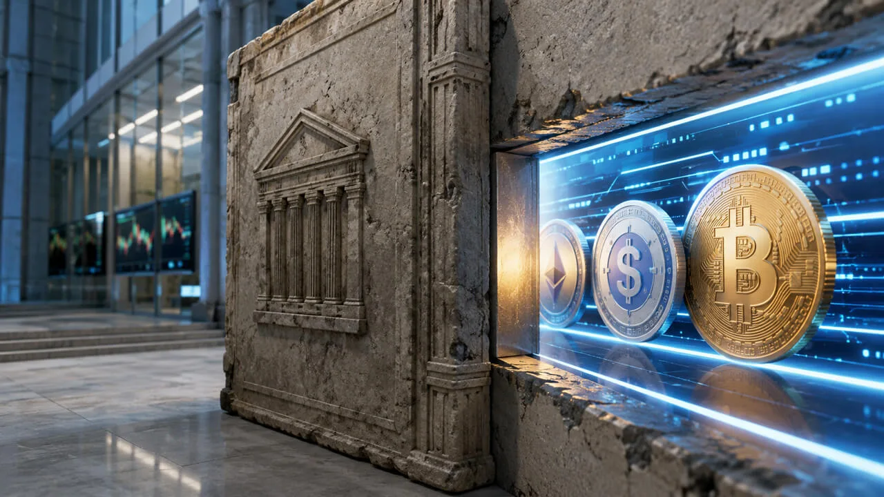 Crypto Capital Rules: Why Banks Still Can't Profit from Bitcoin Ancient stone barrier with digital finance interface symbols
