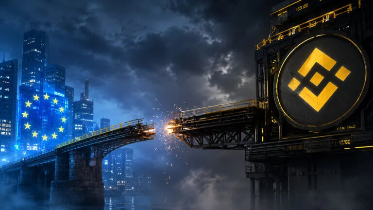 MiCA Deadline: Top Crypto Exchanges Paying Users to Switch Before July Broken bridge between Binance and the EU financial system, representing regulatory friction, compliance barriers and dis