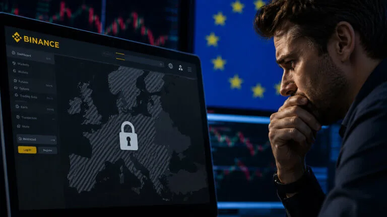 MiCA Deadline: Top Crypto Exchanges Paying Users to Switch Before July MiCA crypto regulation — Illustration of a laptop displaying a locked crypto trading interface beside a person, with EU