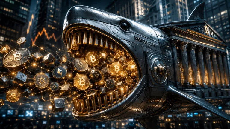 Bitcoin Rally Hits a $66K Ceiling — Options Traders Aren't Buying It Y Wall Street shark swallowing Bitcoin symbol to illustrate how Wall Street took over crypto and institutionalized digital