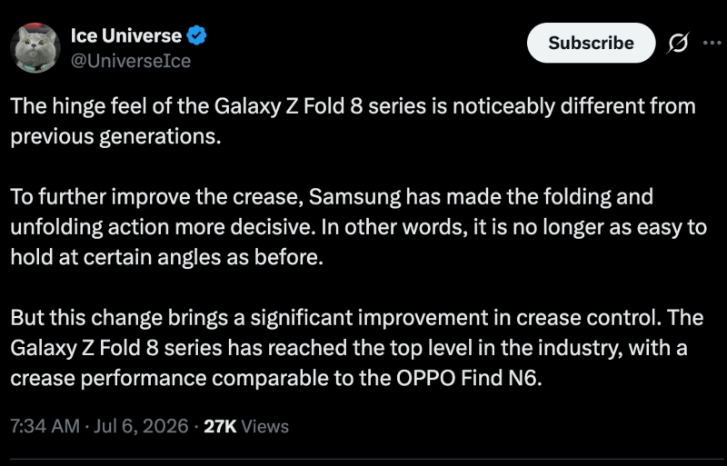 Galaxy Z Fold 8 Crease Fix: Latest Leak Points to Top-Level Results Galaxy Z Fold 8 crease — Galaxy Z Fold 8 series crease ice universe x post