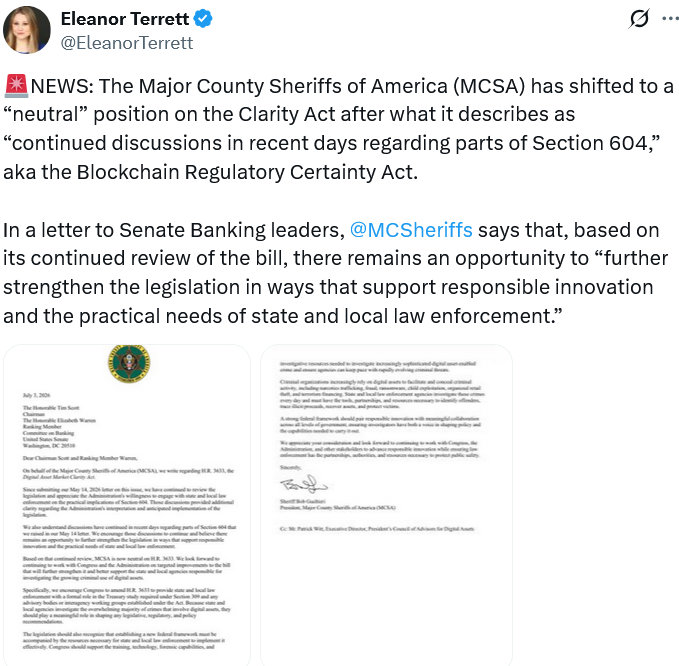 CLARITY Act Gets Major Boost as Law Enforcement Group Drops Opposition CLARITY Act 2026