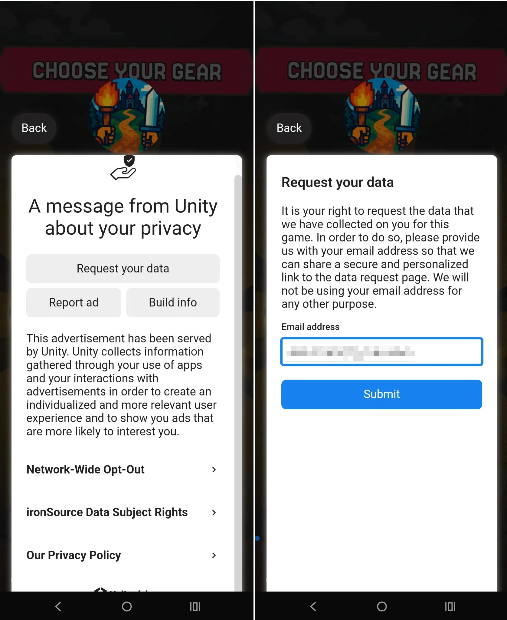 Android App Ads Are Breaking the Free-App Bargain Screenshot from Unity about data collection in an app.